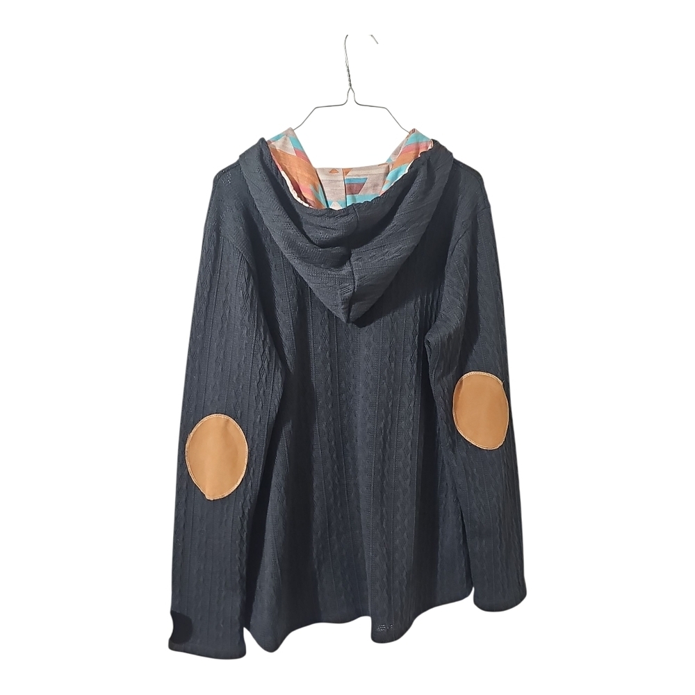 Hemish USA Waffle Knit Hooded Pullover Black Camel Elbow Patches Size Large